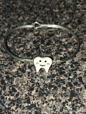 Cute Tooth Charm Bangle Bracelet in White and Silver